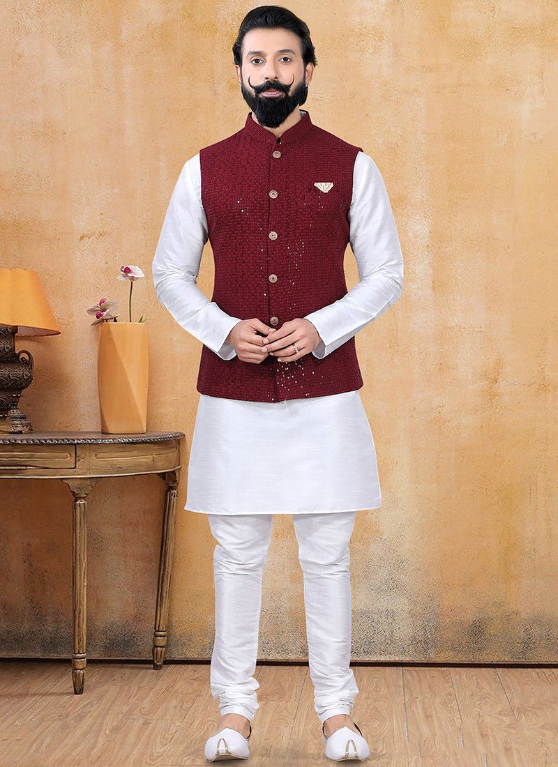 Maroon And White Colour Exclusive Designer Party Wear Kurta Pajama With Jacket Collection 1268